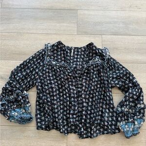 Free People Black Floral Blouse with Ruffle Sleeves
